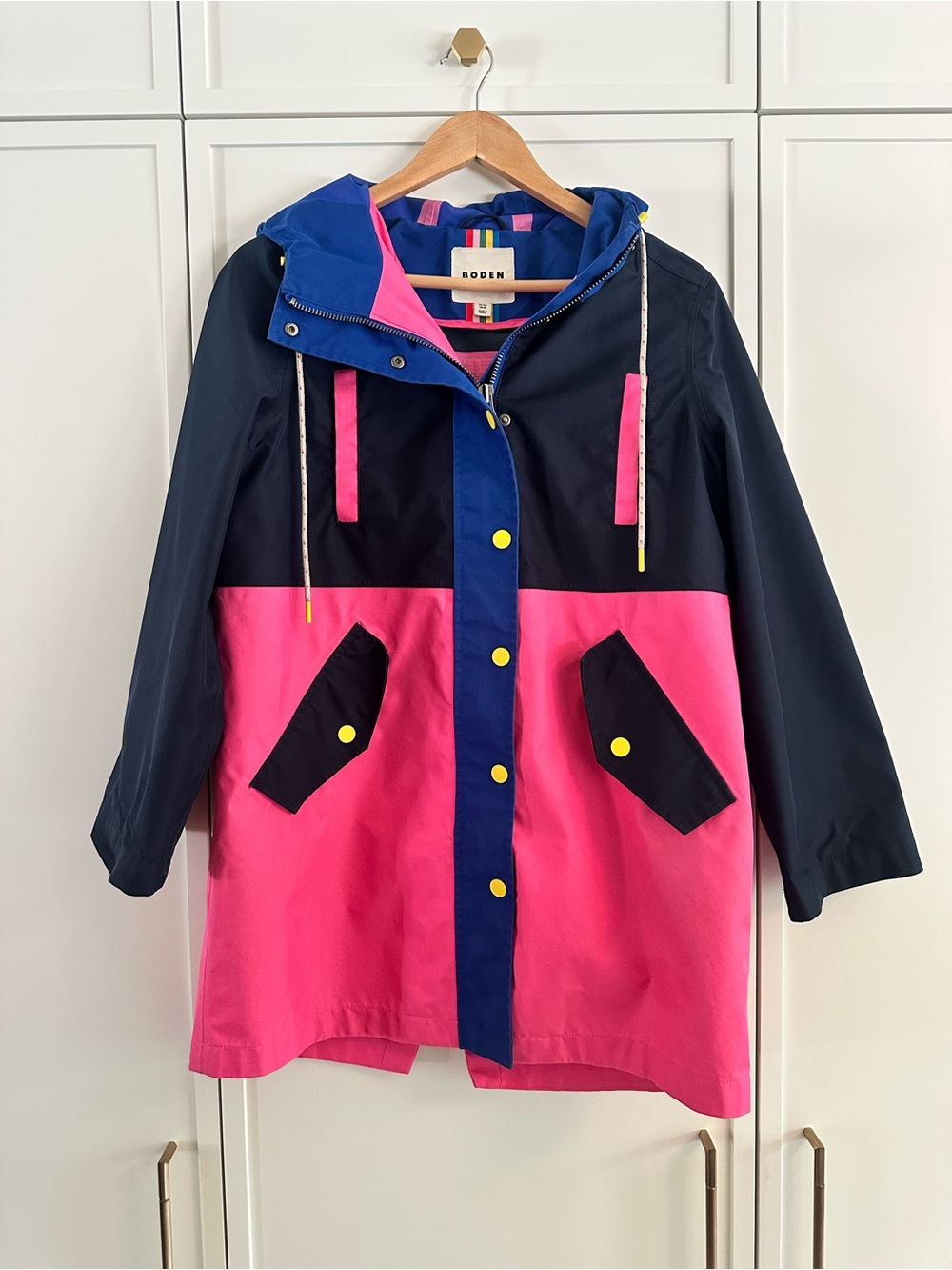 Boden Colorblock Hooded Raincoat in Navy, Pink & Royal Blue
